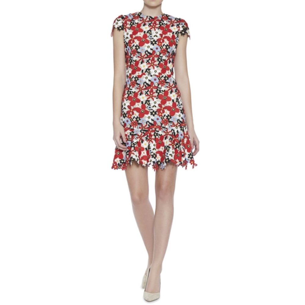 Alice + Olivia Imani Floral-Lace Cap-Sleeve Mini Dress